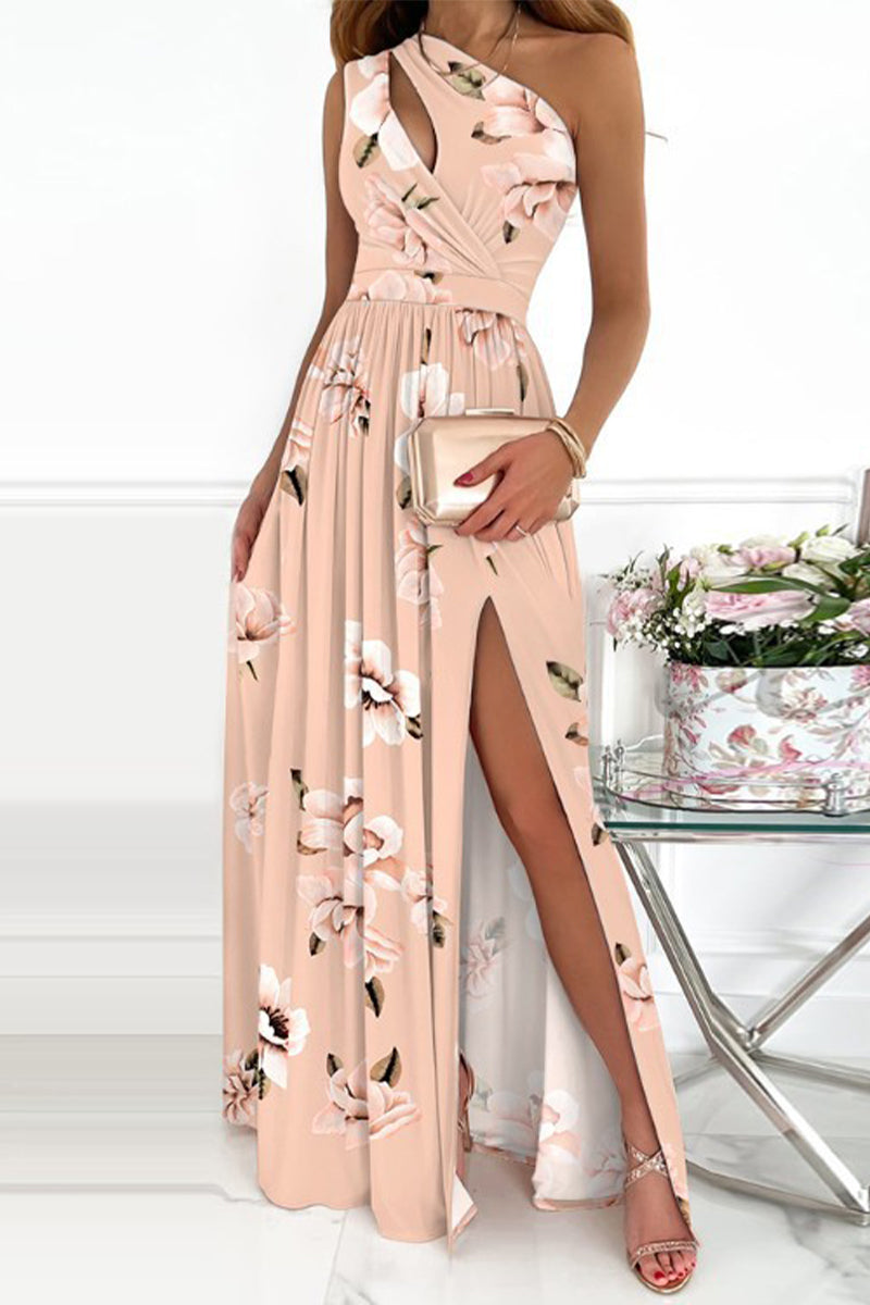 Kaynafashions - Sexy Elegant Print Hollowed Out Slit Oblique Collar A Line Dresses
