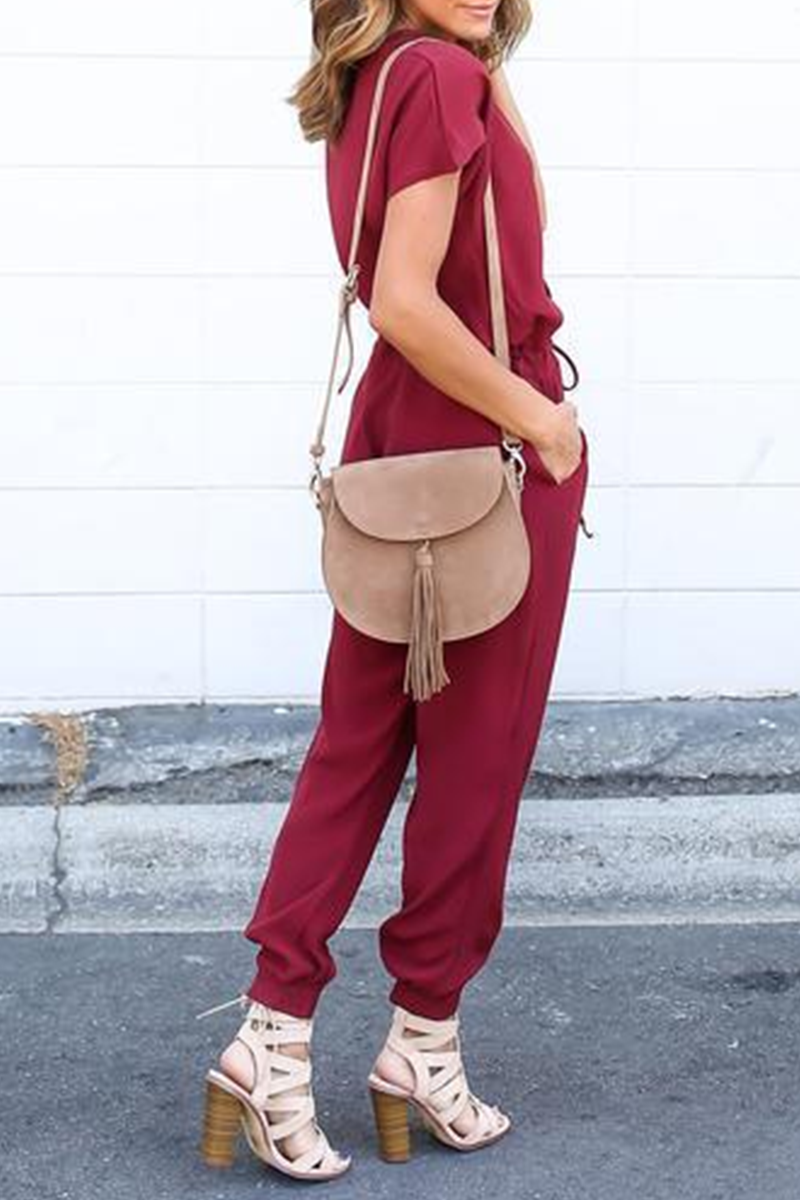 Kaynafashions - Casual Street Solid Frenulum V Neck Jumpsuits(3 Colors)