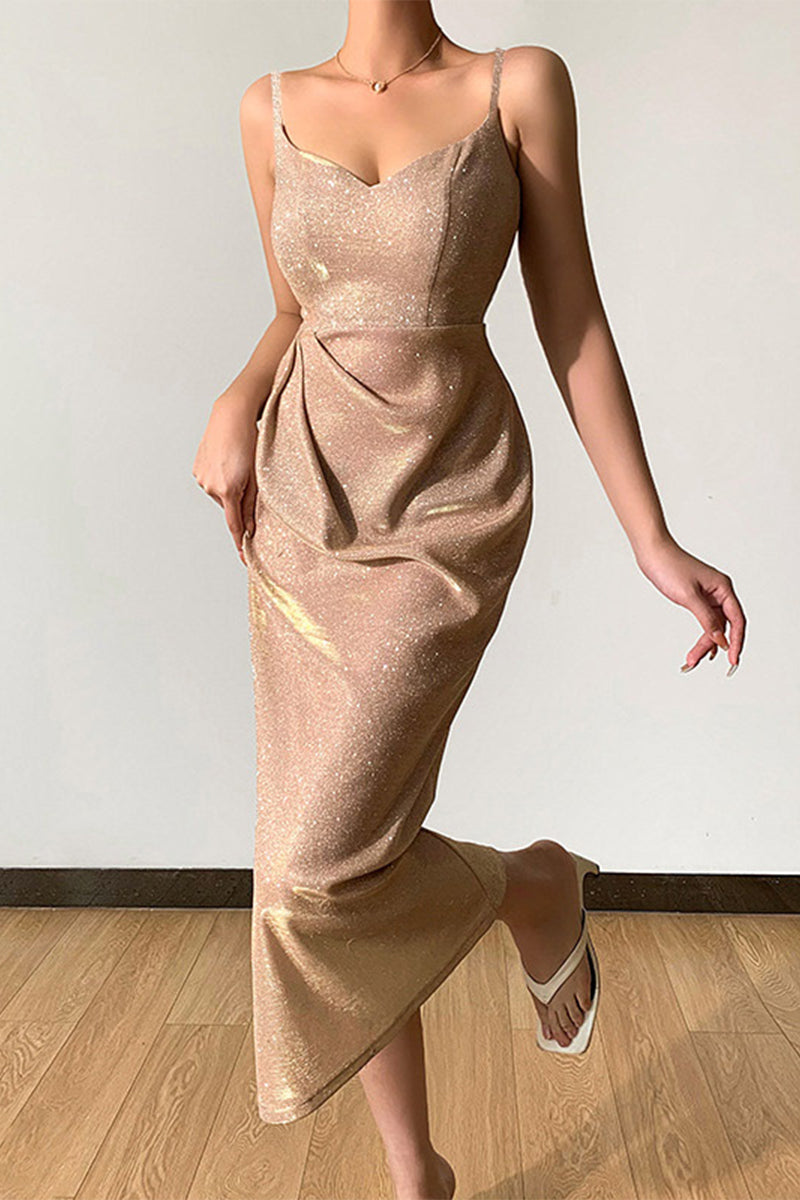 Kaynafashions - Sexy Elegant Solid Sequins Sequined V Neck Sling Dress Dresses(8 Colors)