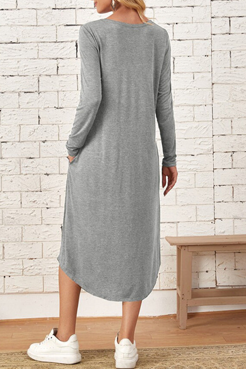 Kaynafashions - Casual Simplicity Solid Pocket O Neck Long Sleeve Dresses(6 Colors)