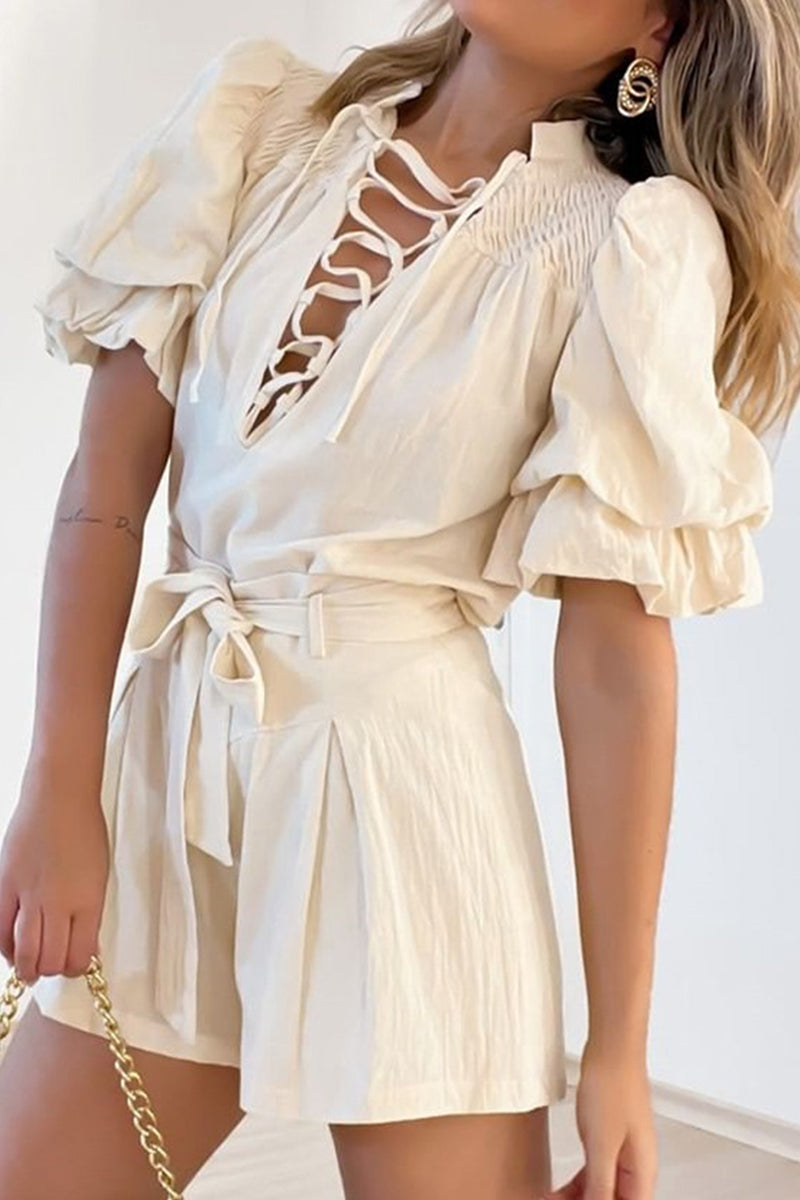 Kaynafashions - Sweet Elegant Solid Frenulum V Neck Short Sleeve Two Pieces
