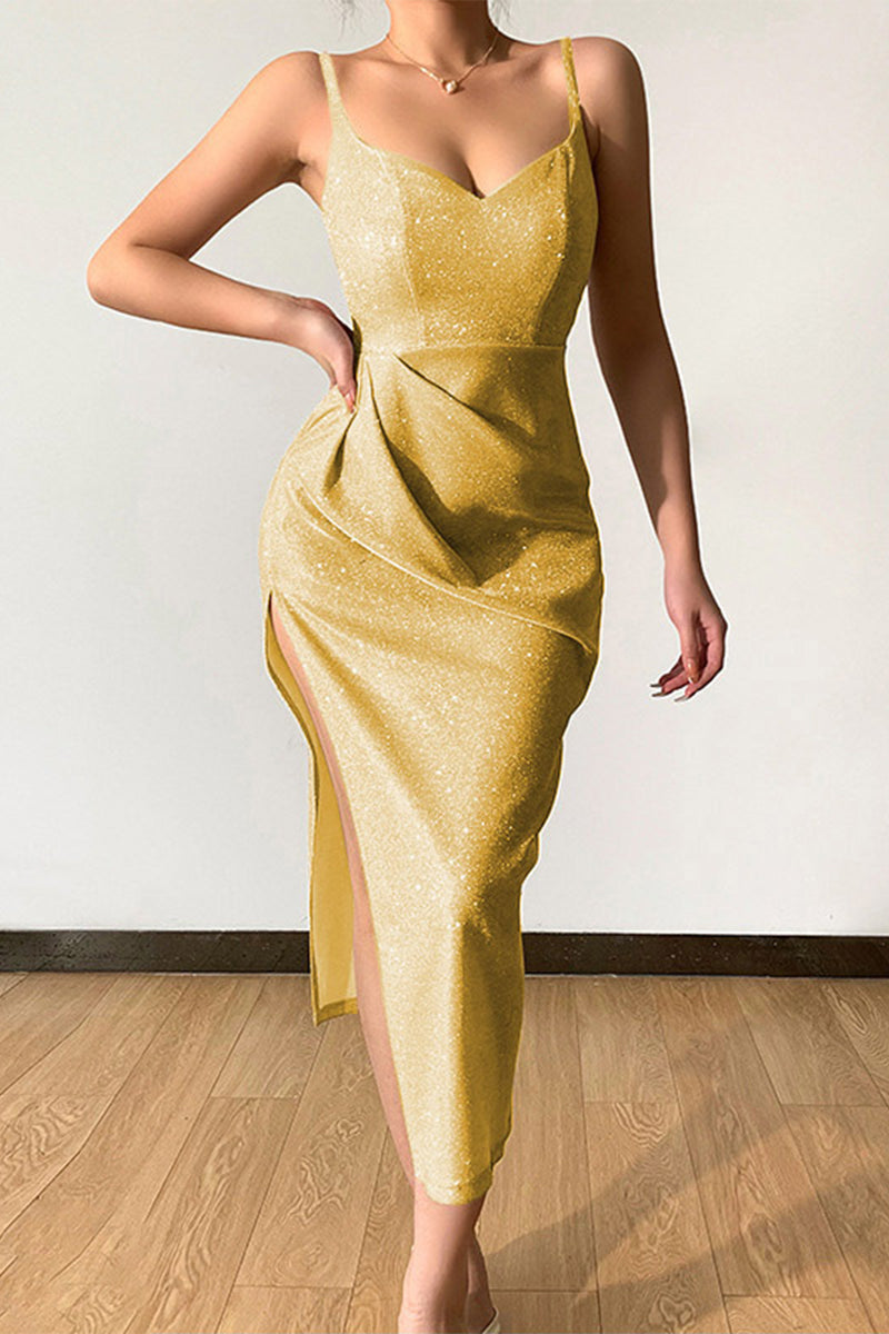 Kaynafashions - Sexy Elegant Solid Sequins Sequined V Neck Sling Dress Dresses(8 Colors)