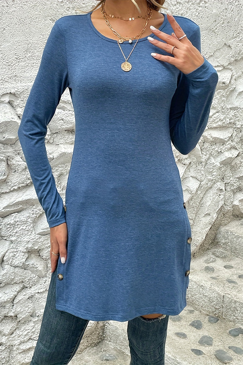 Kaynafashions - Casual Solid Buttons O Neck One Step Skirt Dresses