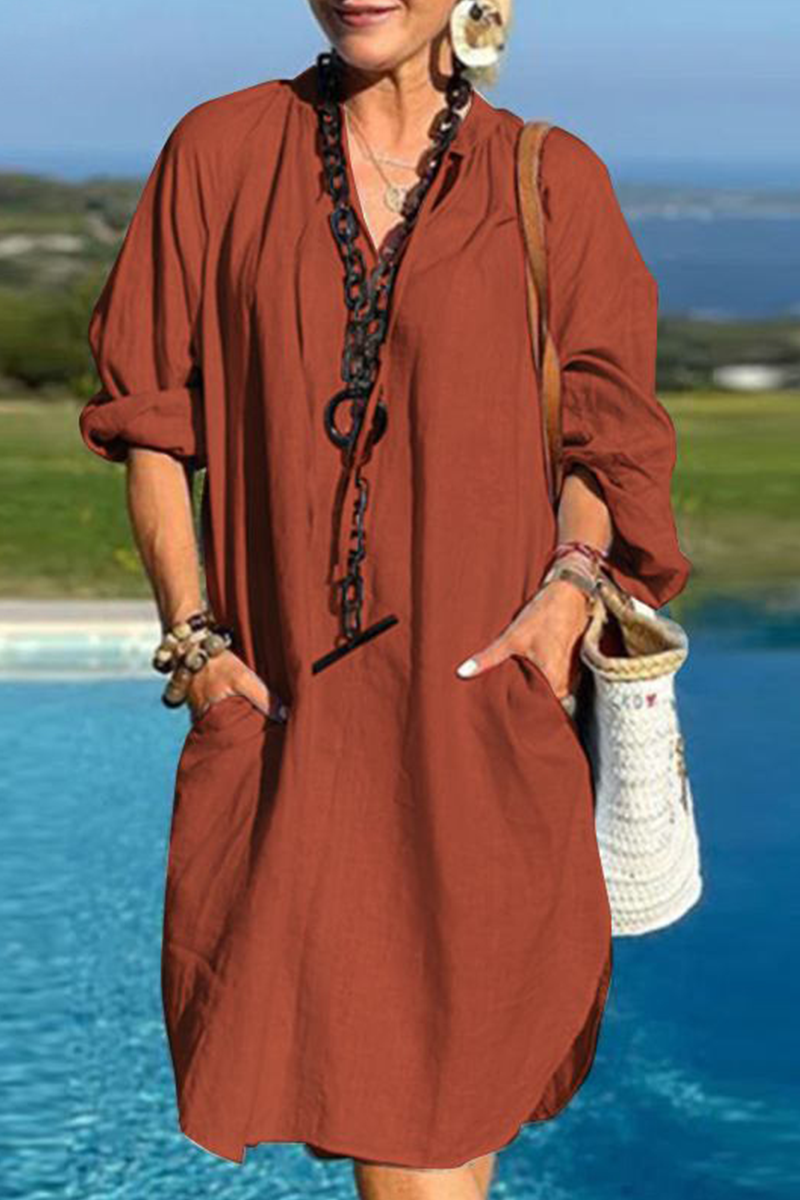 Kaynafashions - Casual Solid Patchwork V Neck Straight Dresses(3 Colors)