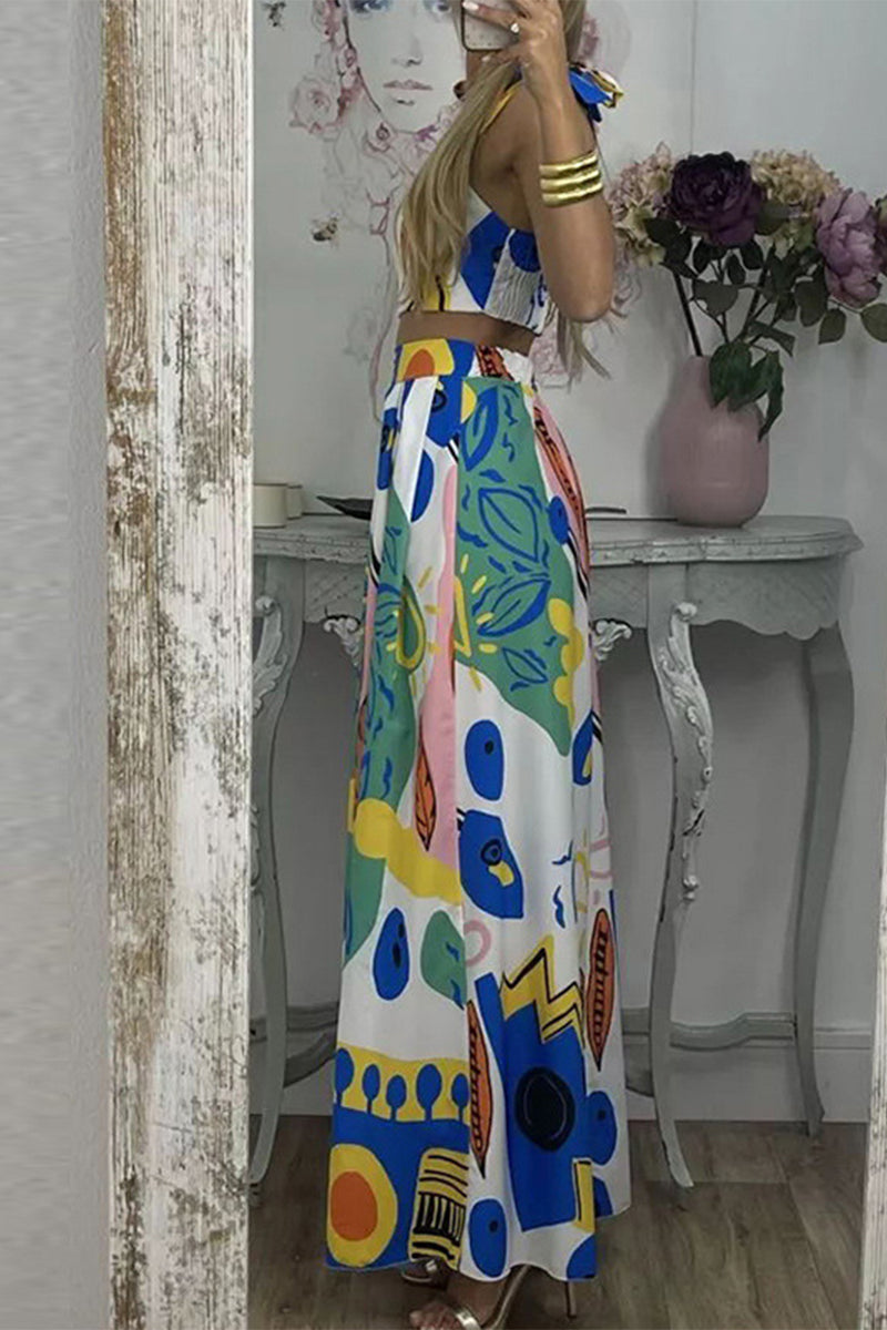 Kaynafashions - Elegant Print Frenulum Square Collar Sleeveless Two Pieces