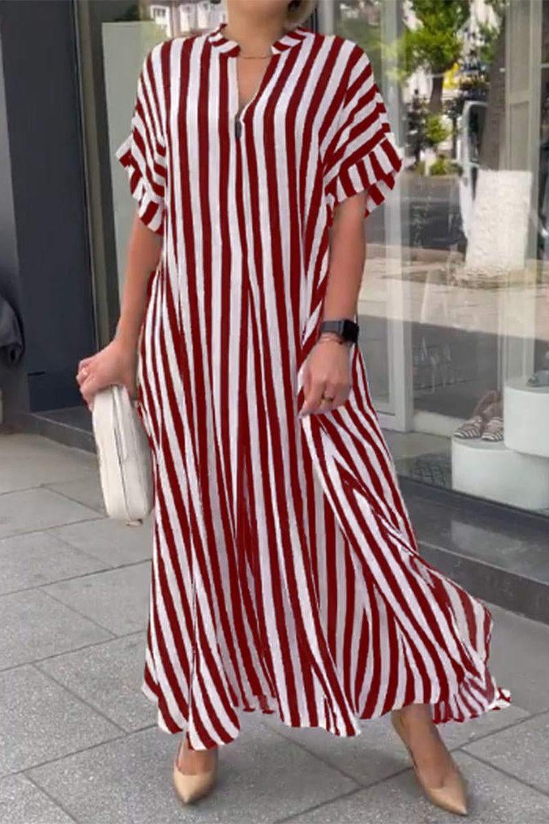 Kaynafashions - Casual Striped Patchwork V Neck Straight Dresses(3 Colors)