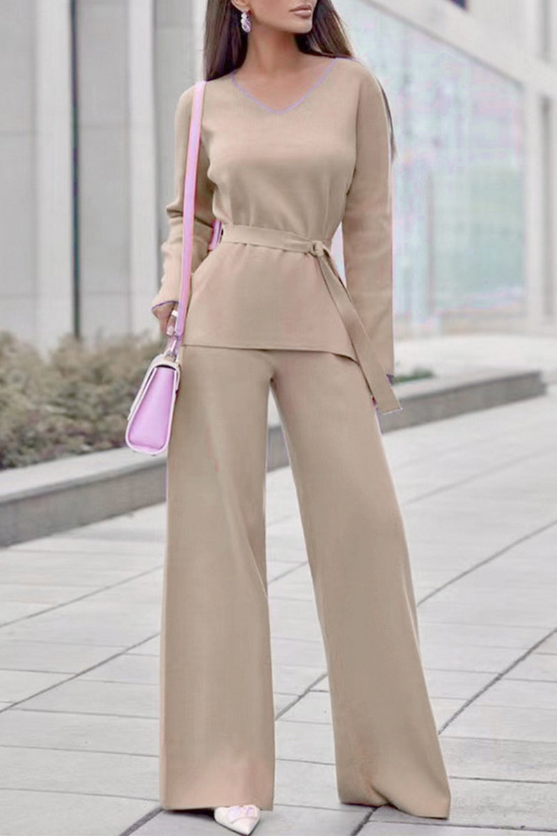 Kaynafashions - Casual Simplicity Solid Bandage V Neck Long Sleeve Two Pieces