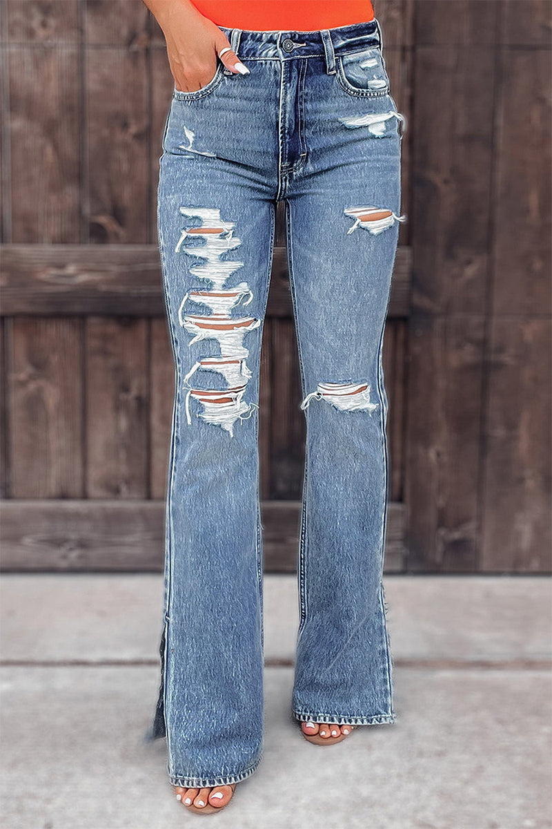 Kaynafashions - Street Solid Ripped Mid Waist Straight Denim Jeans