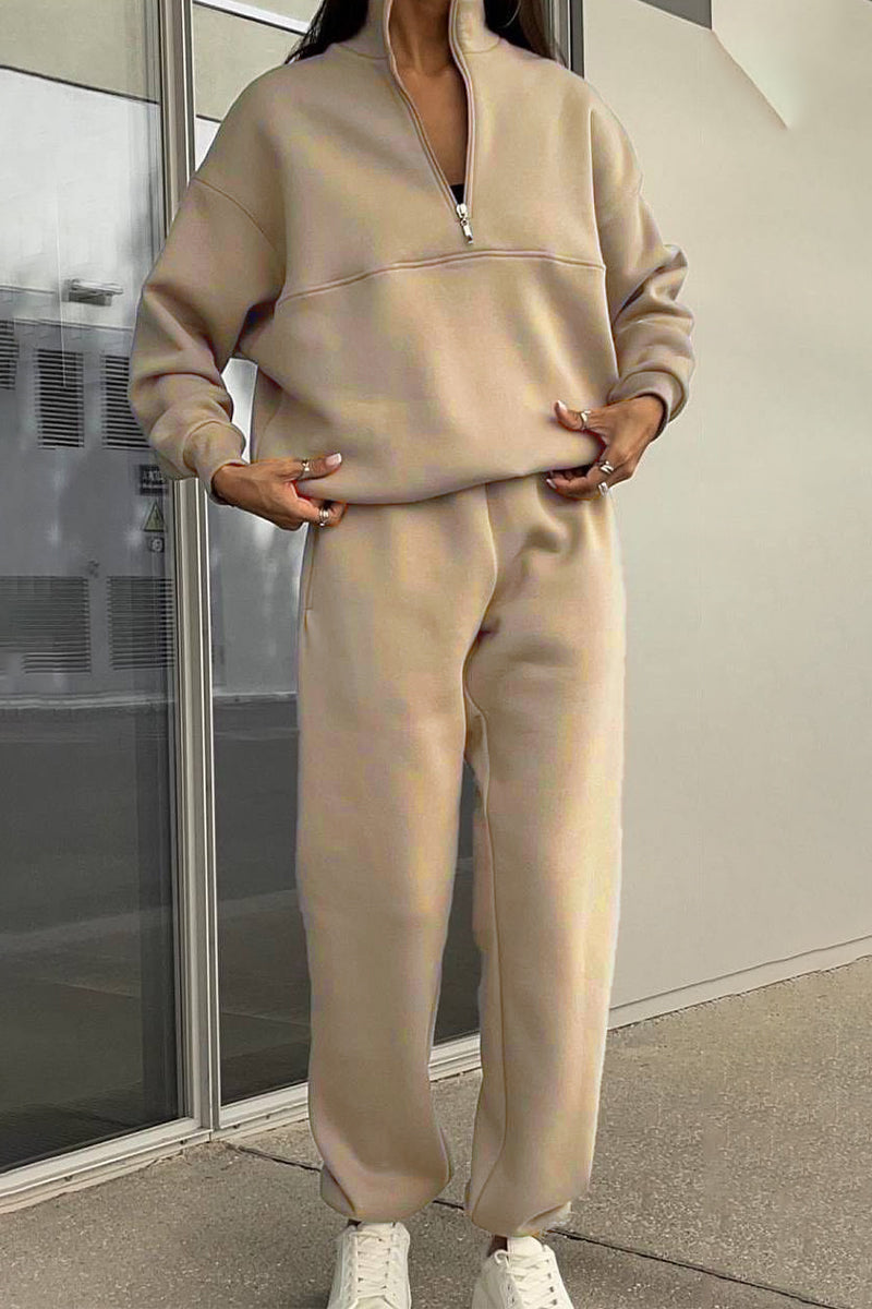 Kaynafashions - Casual Sportswear Solid Pocket Long Sleeve Two Pieces