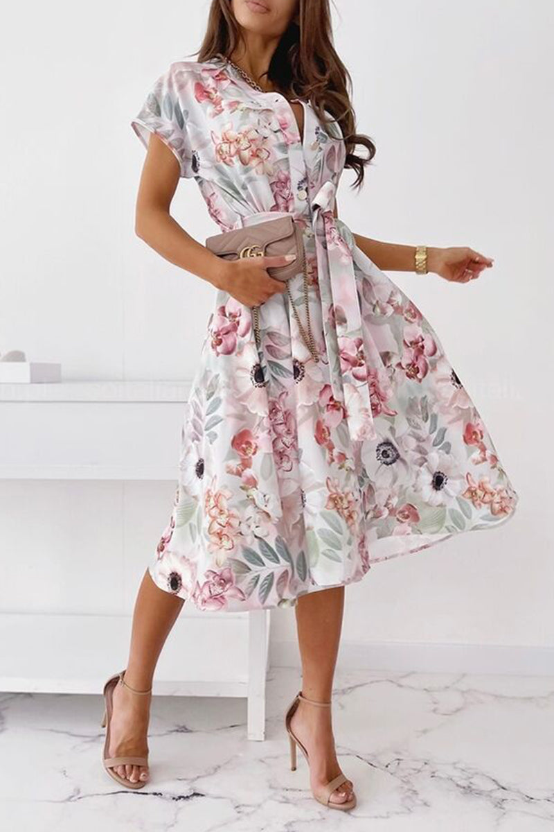 Kaynafashions - Celebrities Elegant Print Patchwork V Neck Shirt Dress Dresses