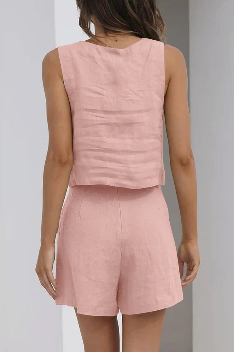 Kaynafashions - Casual Simplicity Solid Pocket Square Collar Sleeveless Two Pieces(16 Colors)