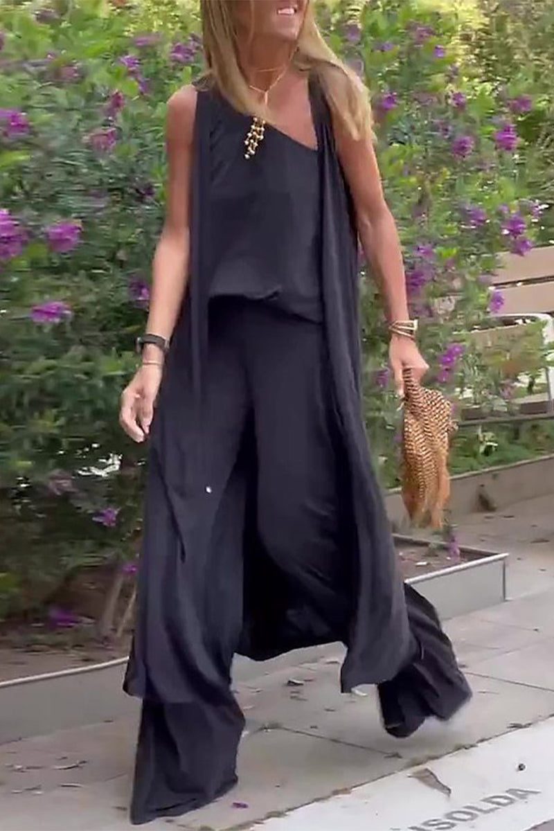 Kaynafashions - Casual Solid Oblique Collar Sleeveless three Pieces