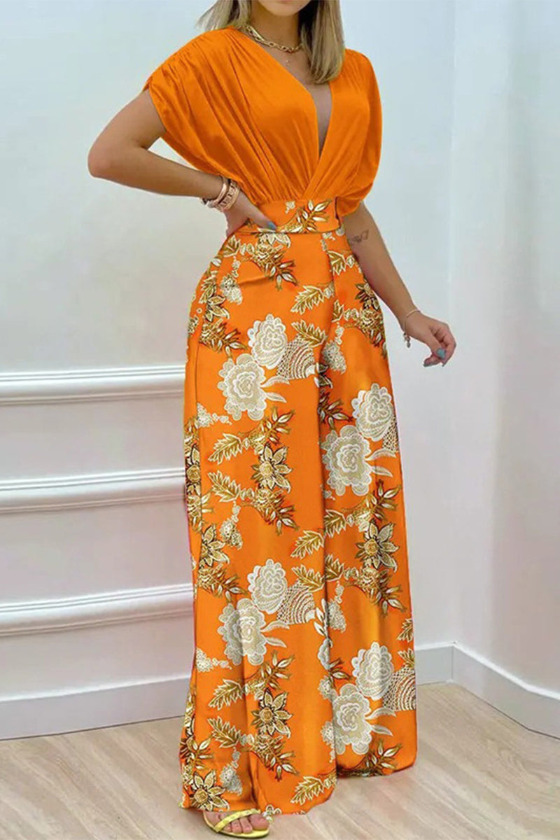 Kaynafashions - Elegant Print Solid Patchwork V Neck Short Sleeve Two Pieces