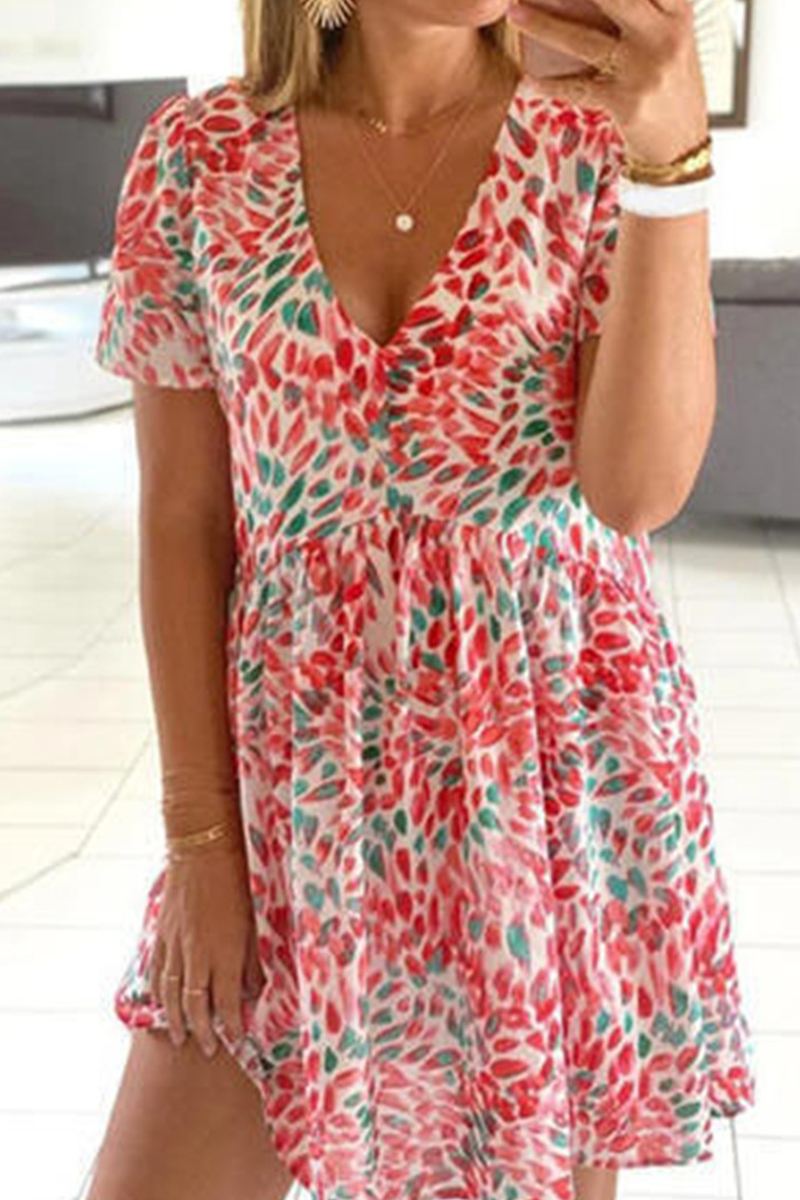 Kaynafashions - Casual Print Patchwork V Neck Cake Skirt Dresses