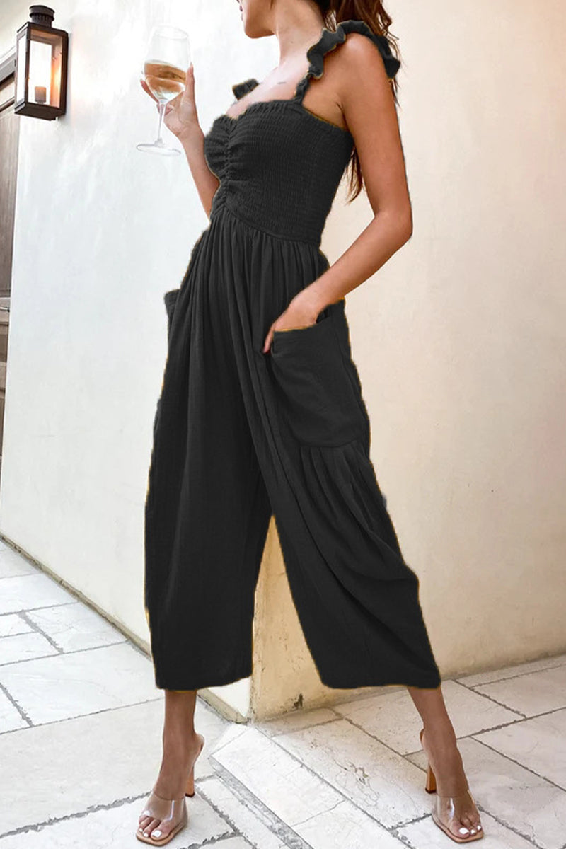 Kaynafashions - Casual Street Solid Patchwork Pocket Spaghetti Strap Straight Jumpsuits(4 Colors)