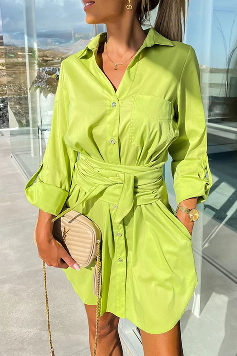 Kaynafashions - Casual Simplicity Solid Pocket Shirt Collar Shirt Dress Dresses(3 Colors)