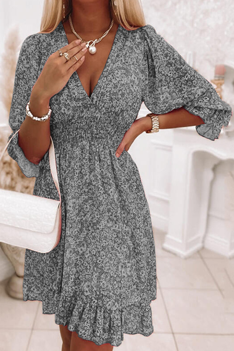 Kaynafashions - Casual Print Patchwork V Neck Waist Skirt Dresses(6 colors)