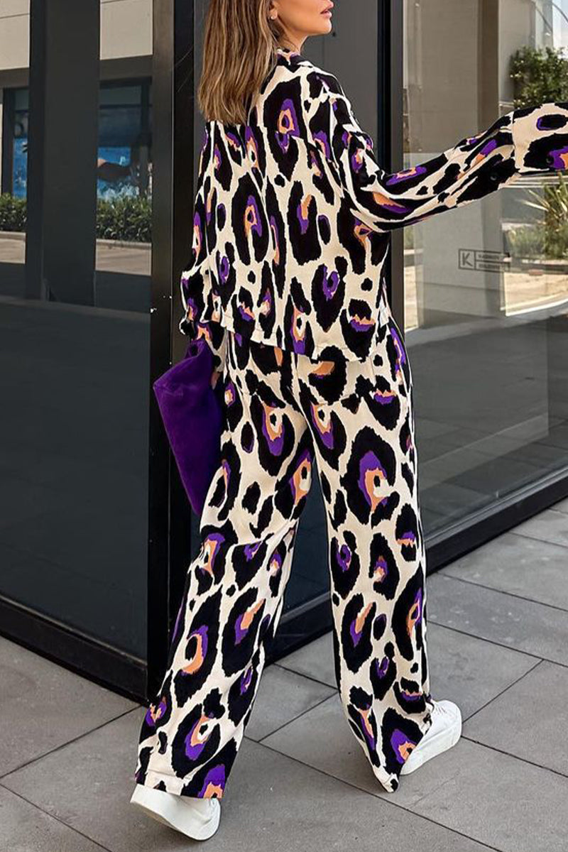 Kaynafashions - Casual Print Turndown Collar Long Sleeve Two Pieces