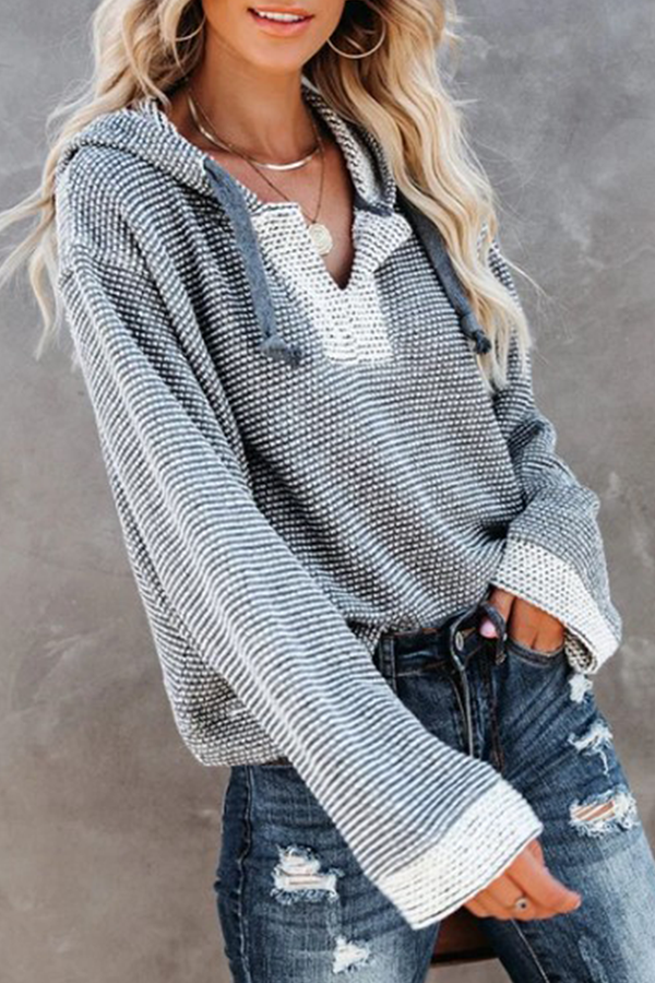 Kaynafashions - Casual Patchwork Draw String Contrast Hooded Collar Tops