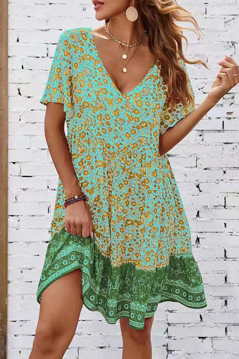 Kaynafashions - Bohemian Floral Fold V Neck Princess Dresses(3 Colors)