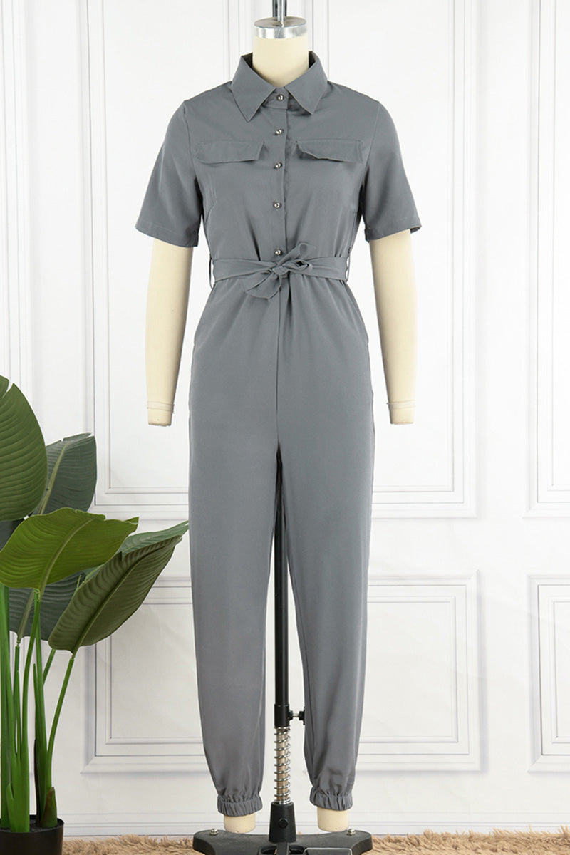 Kaynafashions - Casual Daily Solid Frenulum With Belt Turndown Collar Regular Jumpsuits(10 Colors)