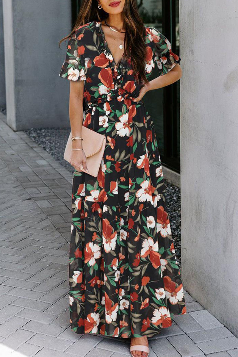 Kaynafashions - Elegant Floral Patchwork V Neck A Line Dresses(4 Colors)