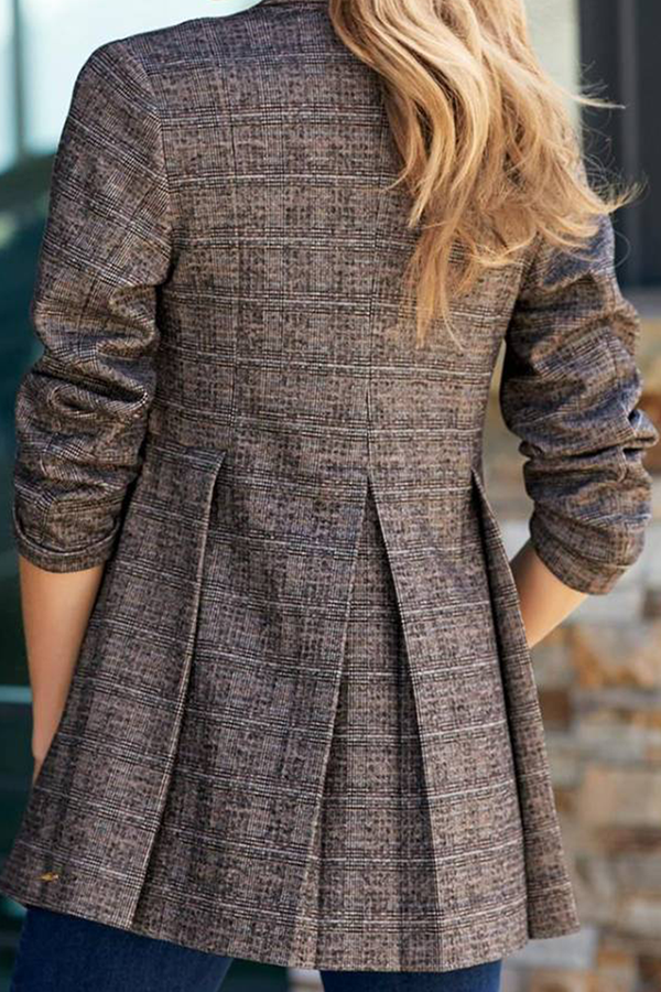 Kaynafashions - Fashion Street Plaid Patchwork Buckle Turn-back Collar Outerwear(3 Colors)