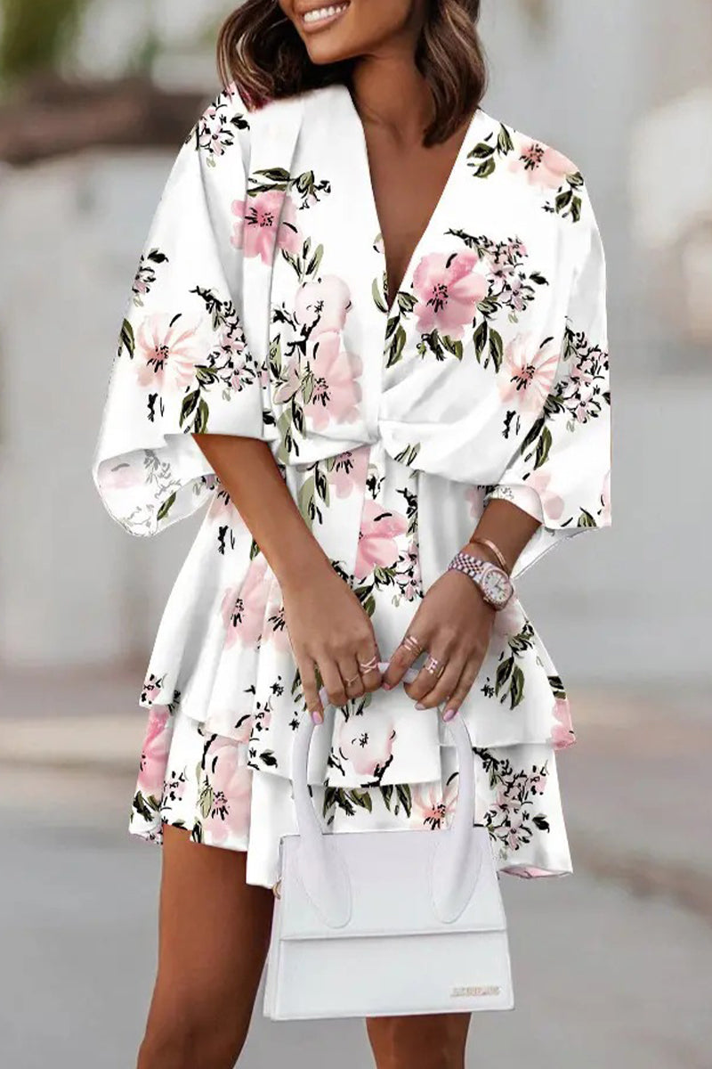 Kaynafashions - Sweet Elegant Floral Patchwork V Neck Pleated Dresses(9 Colors)