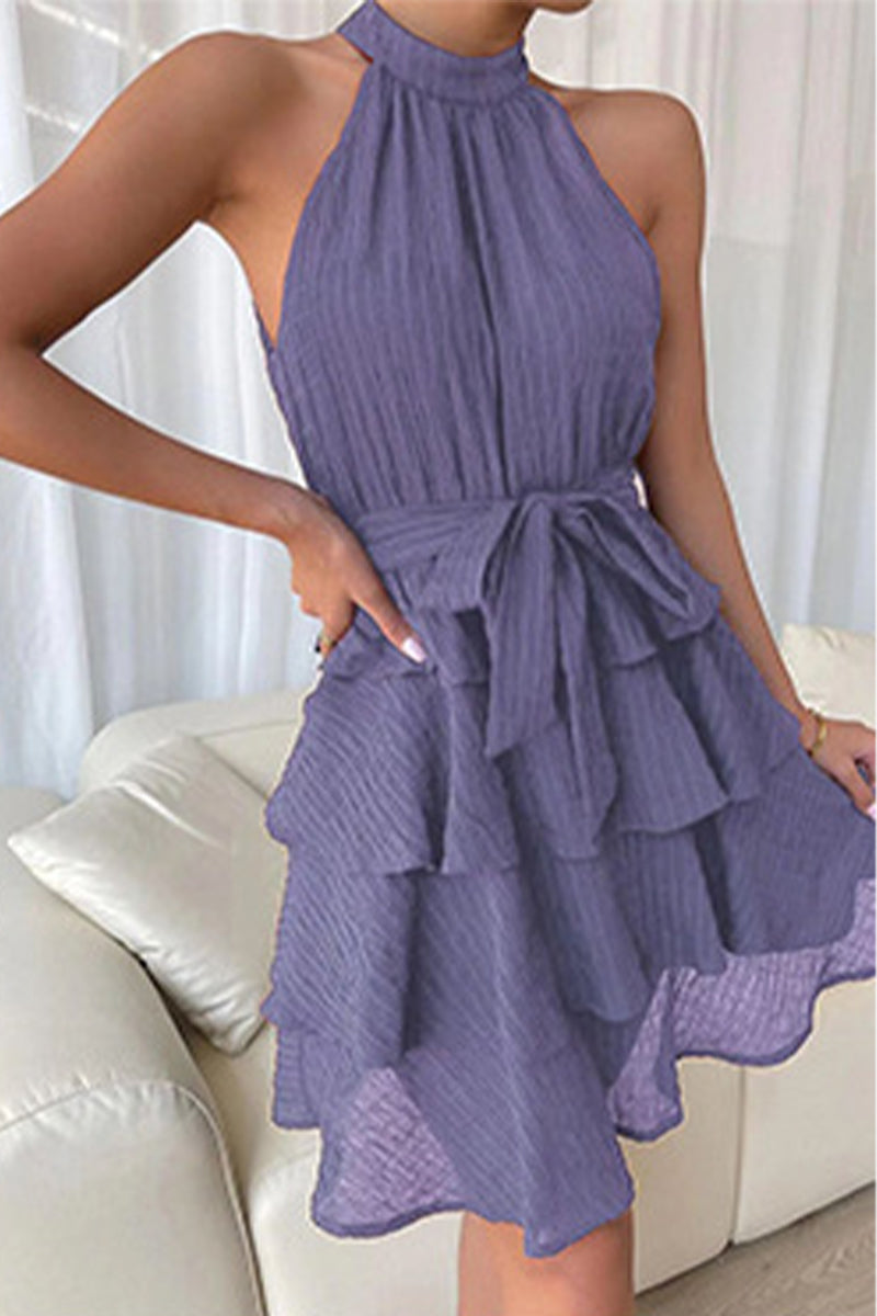 Kaynafashions - Casual Solid Patchwork Halter Cake Skirt Dresses(3 Colors)