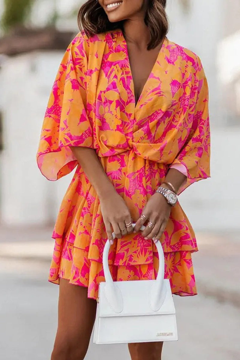 Kaynafashions - Sweet Elegant Floral Patchwork V Neck Pleated Dresses(9 Colors)