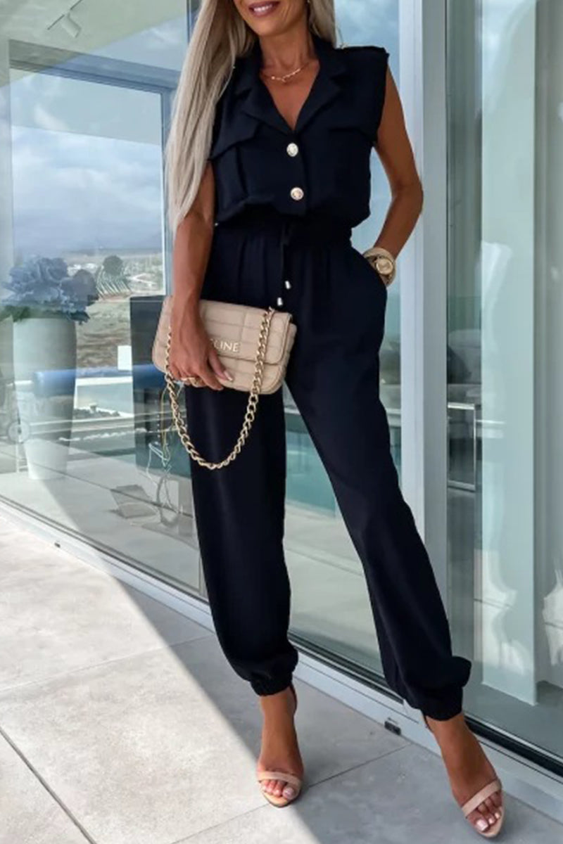 Kaynafashions - British Style Solid Pocket Turndown Collar Loose Jumpsuits(4 Colors)