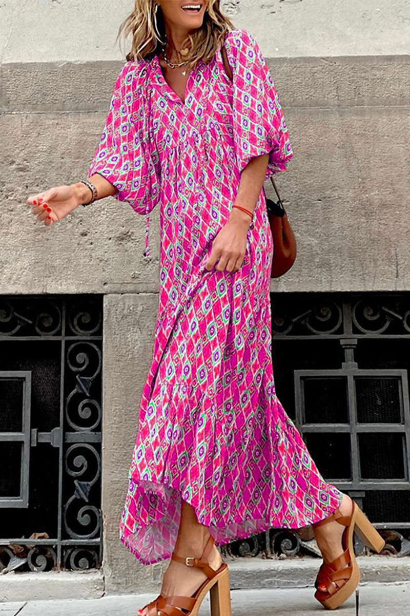 Kaynafashions - Casual Print Patchwork V Neck Straight Dresses(3 colors)