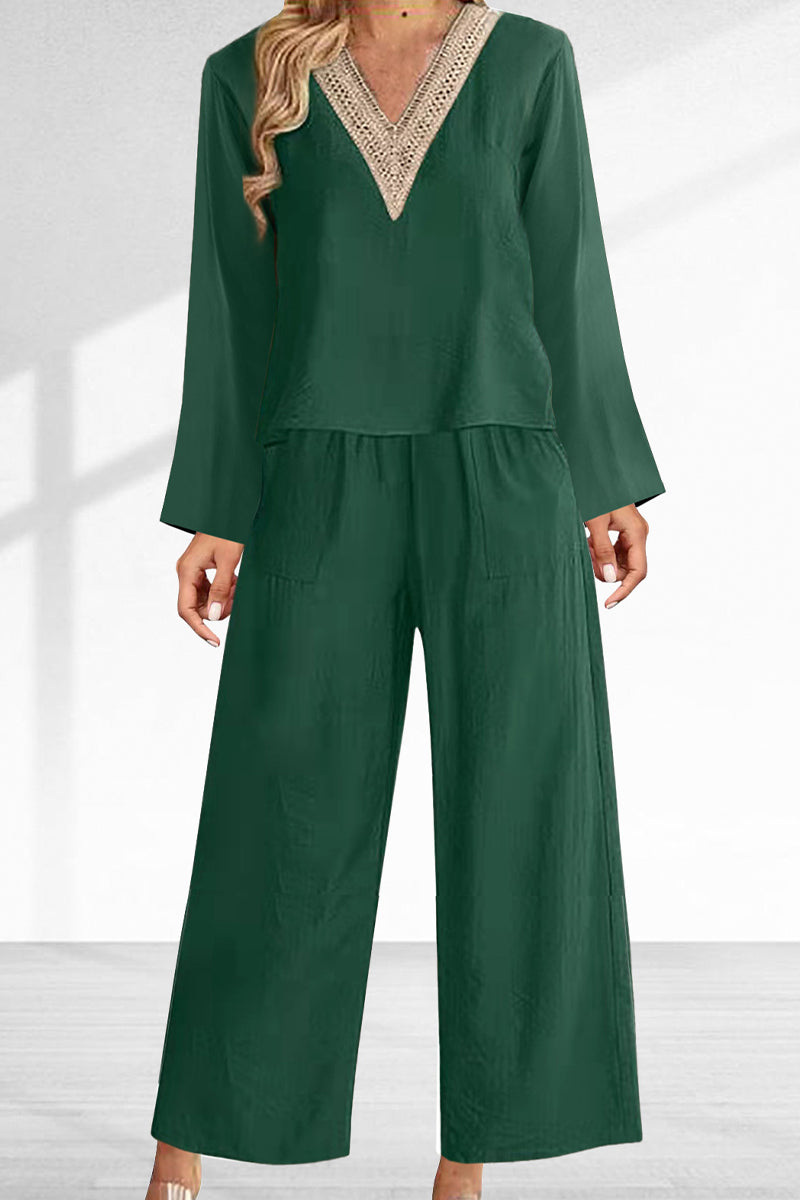 Kaynafashions - Casual Solid Lace Patchwork V Neck Long Sleeve Two Pieces