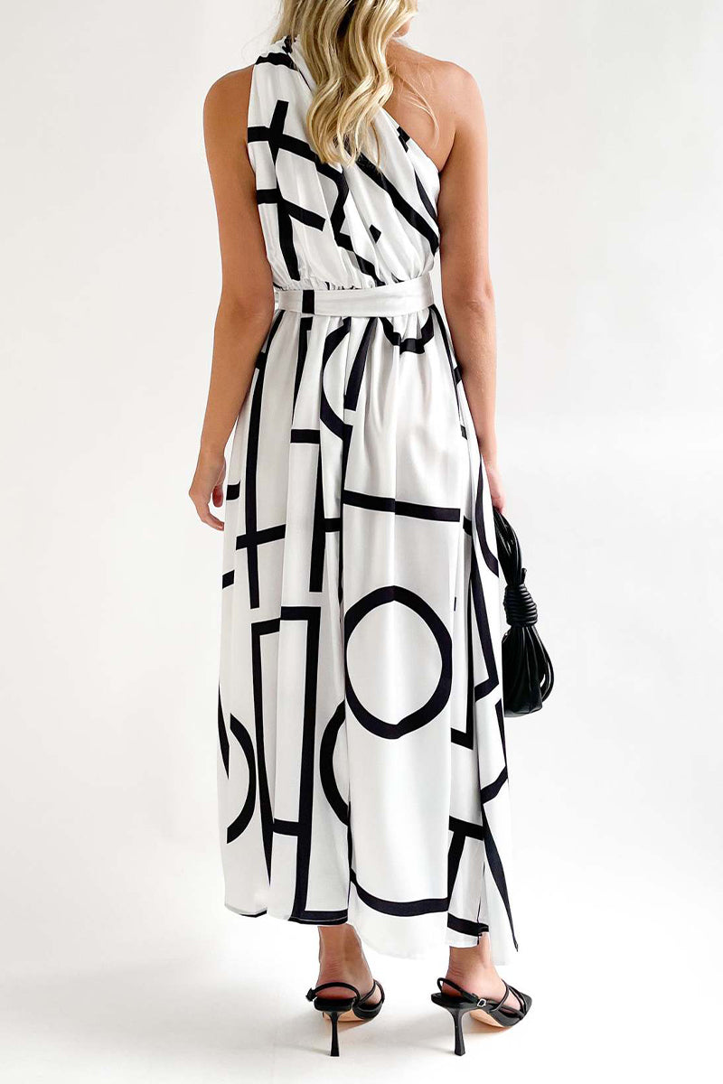 Kaynafashions - Street College Geometric Printing Oblique Collar Sleeveless Dress Dresses