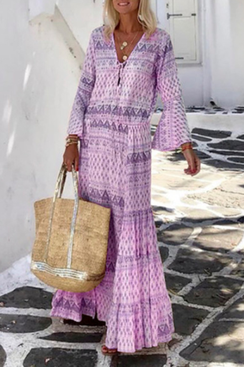 Kaynafashions - Casual Print Patchwork V Neck Cake Skirt Dresses(5 Colors)