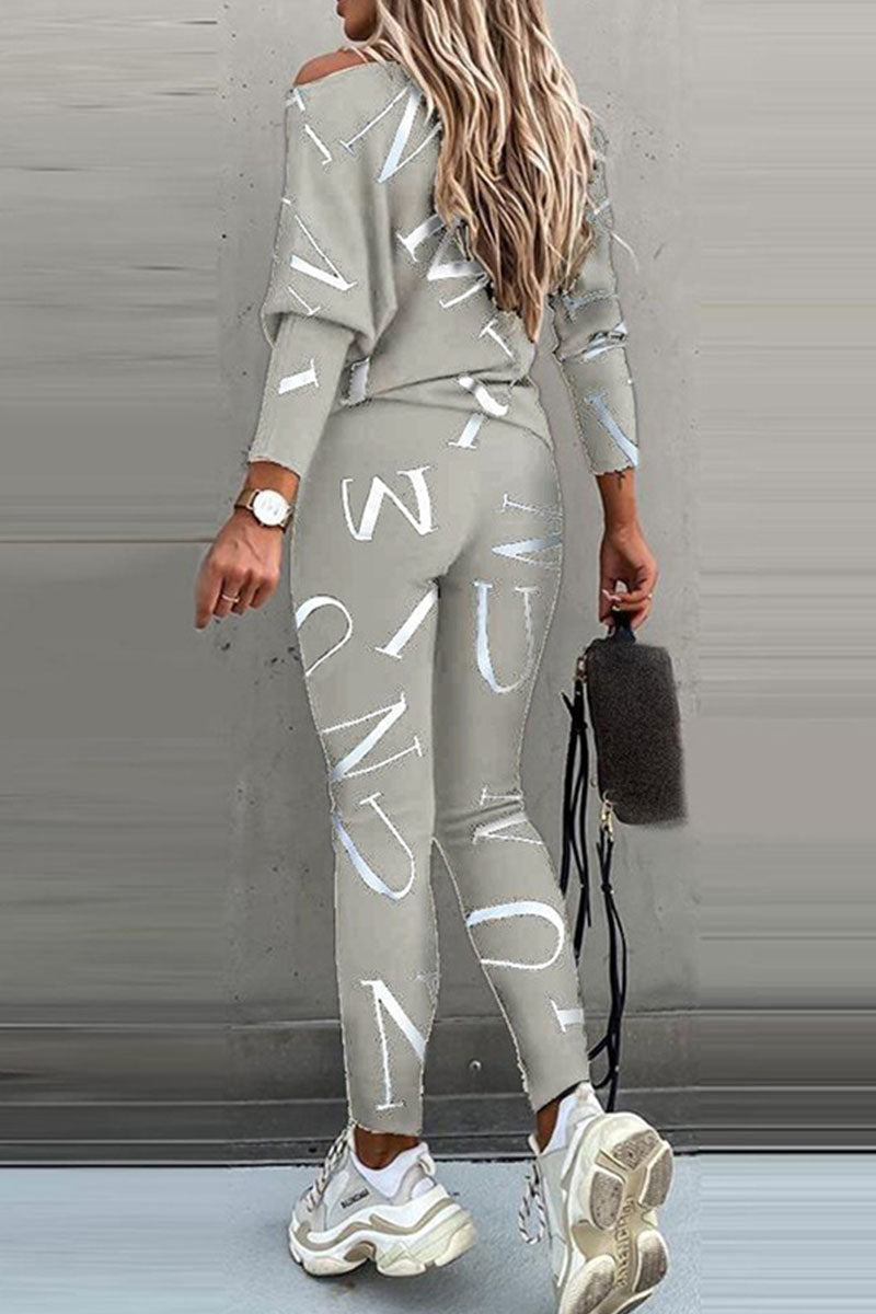 Kaynafashions - Fashion Casual Letter Oblique Collar Long Sleeve Two Pieces