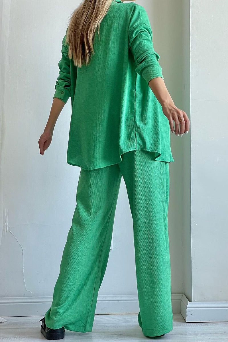 Kaynafashions - Casual Solid Draw String Fold Turndown Collar Long Sleeve Three Pieces(Shirt vest trousers)