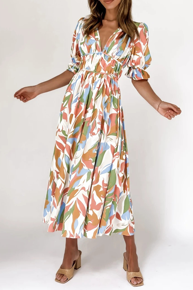 Kaynafashions - Casual Print Patchwork V Neck Cake Skirt Dresses