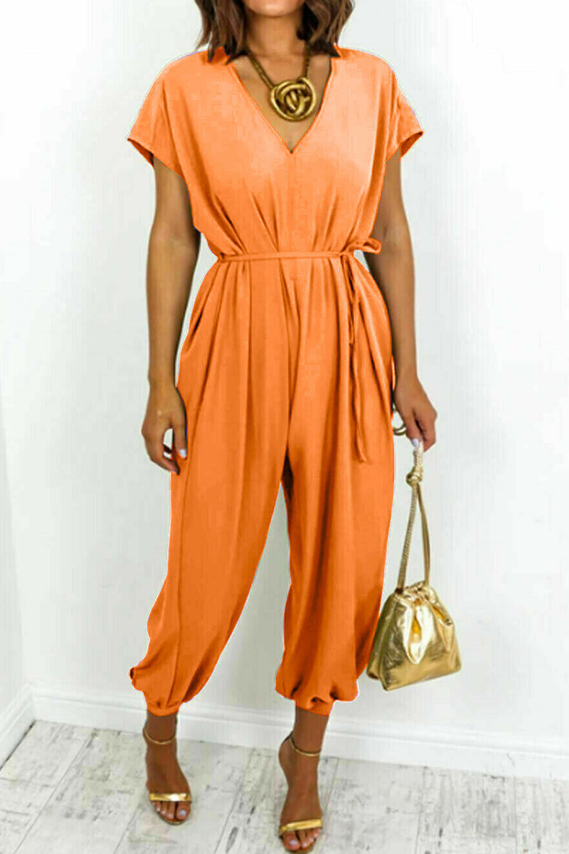Kaynafashions - Casual Simplicity Solid Frenulum V Neck Loose Jumpsuits(11 Colors)