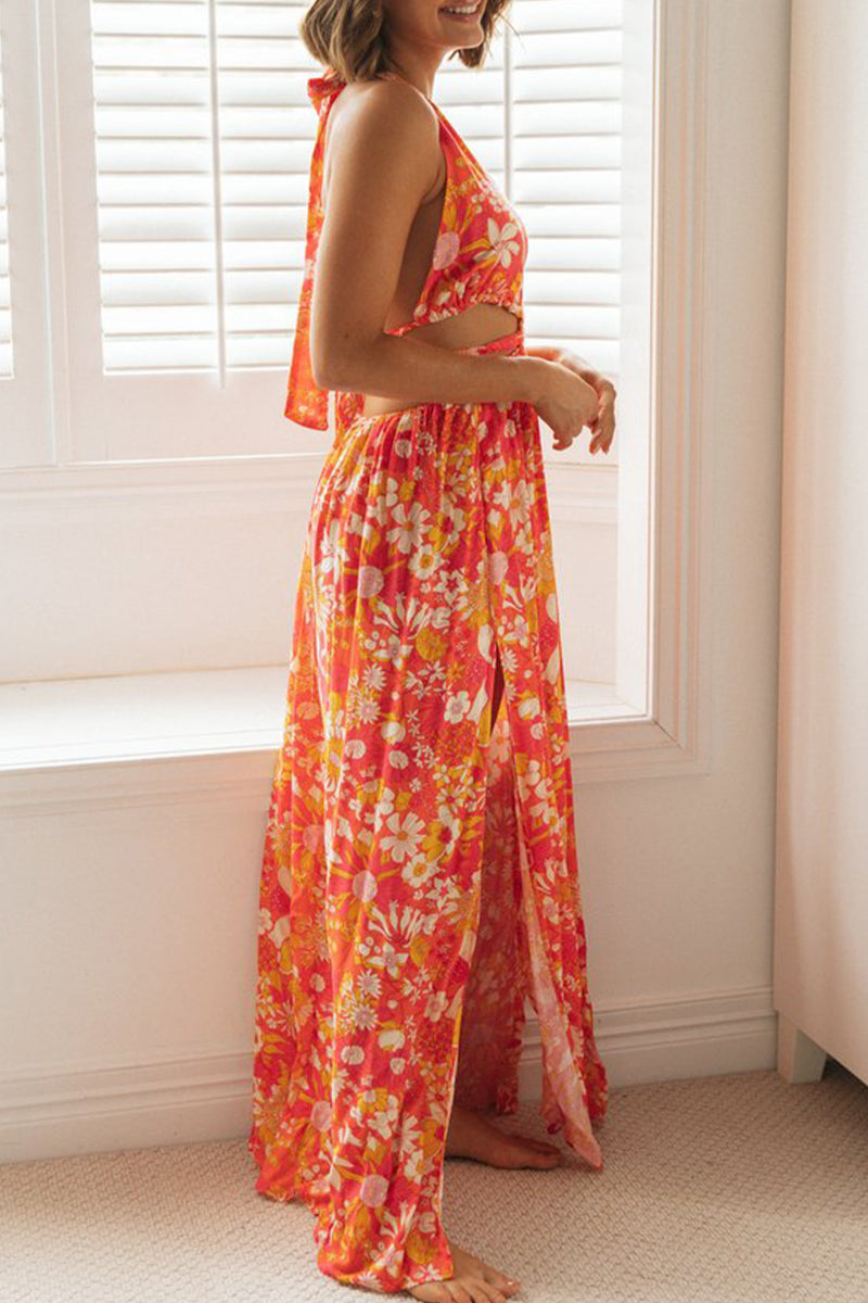 Kaynafashions - Sexy Vacation Print Frenulum V Neck Beach Dress Dresses