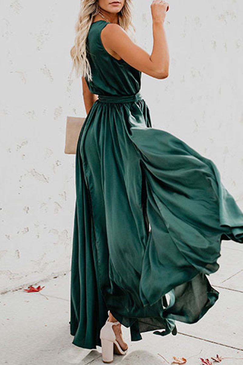 Kaynafashions - Elegant Solid High Opening V Neck Sleeveless Dress Dresses(3 Colors)