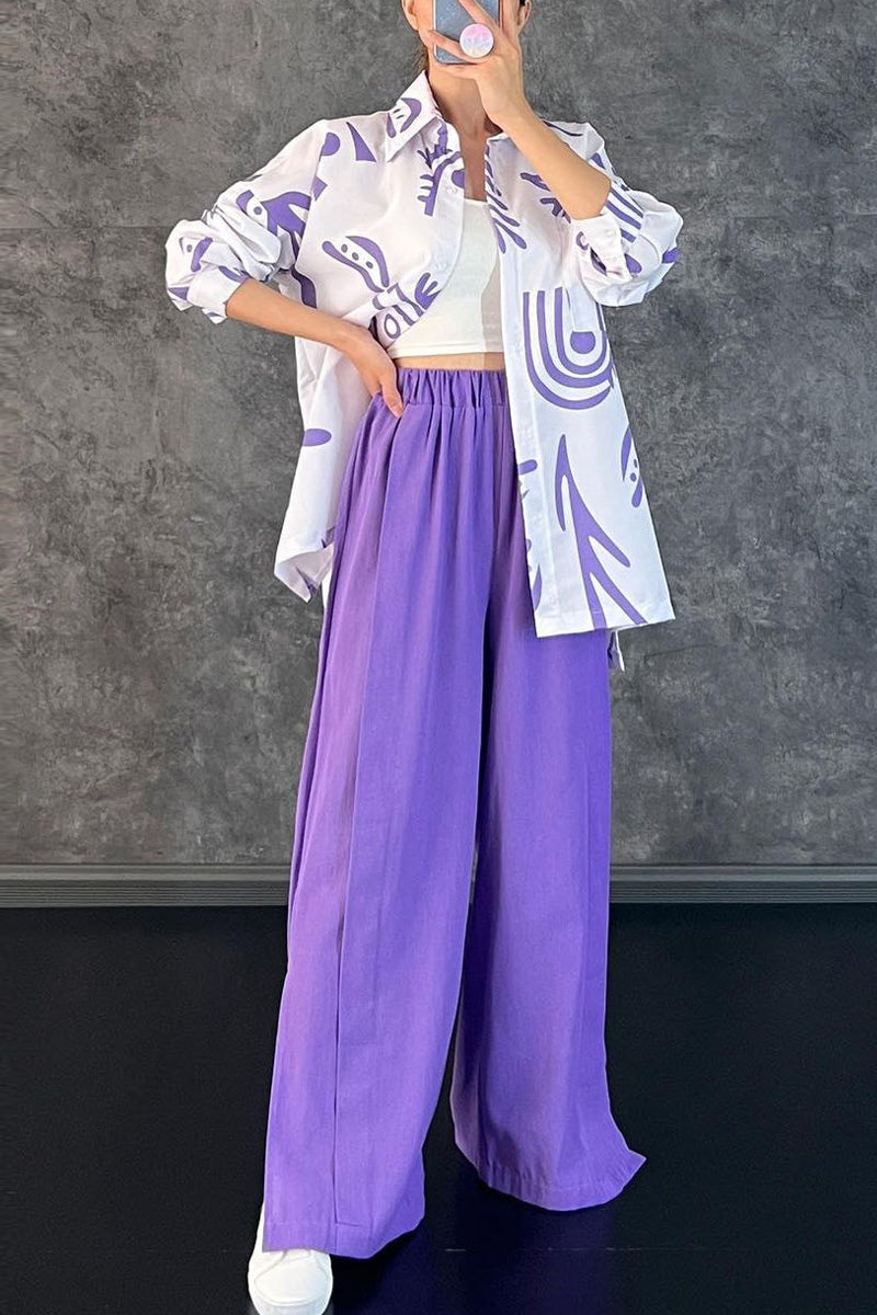 Kaynafashions - Casual Print Patchwork Turndown Collar Long Sleeve Two Pieces