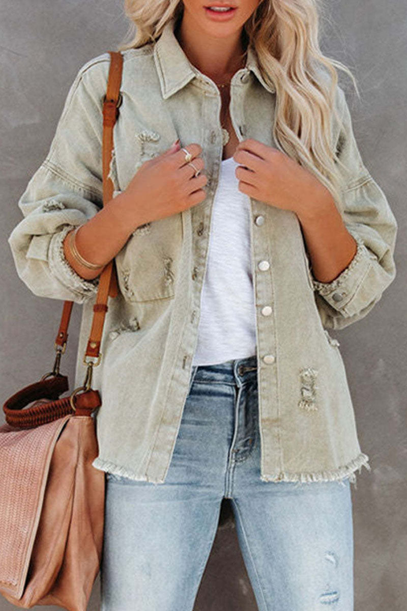 Kaynafashions - Casual Ripped Buckle Long Sleeve Loose Denim Jacket(4 Colors)
