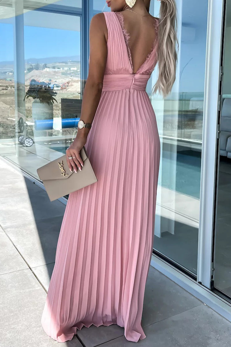 Kaynafashions - Celebrities Elegant Solid Lace V Neck Waist Skirt Dresses