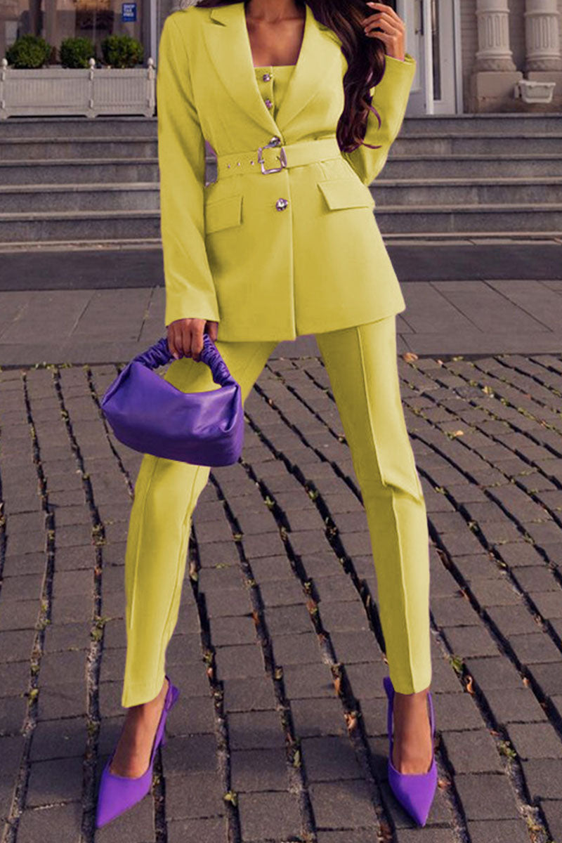 Kaynafashions - Casual Solid Patchwork Turn-back Collar Long Sleeve Two Pieces