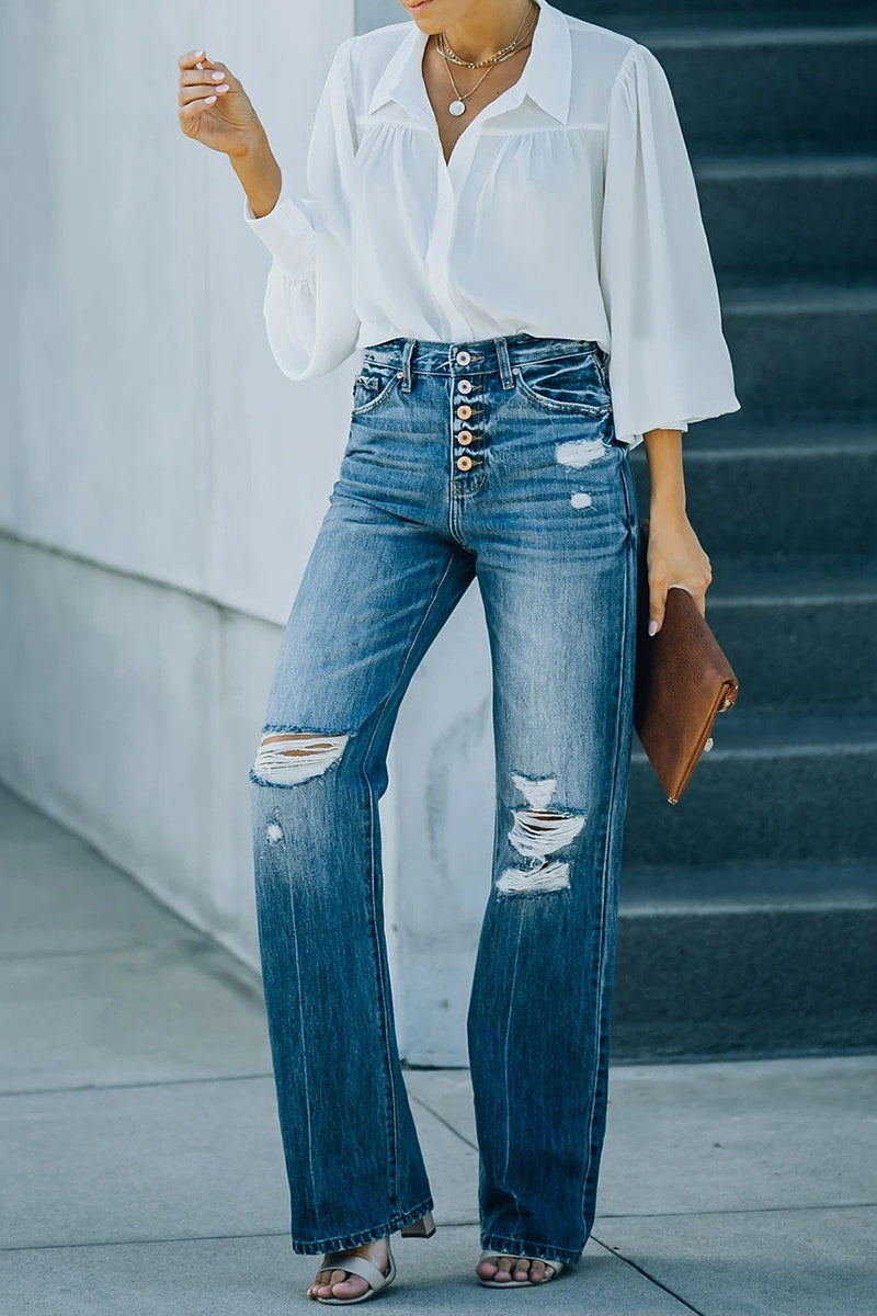 Kaynafashions - Casual Street Solid Ripped Buckle High Waist Straight Denim Jeans