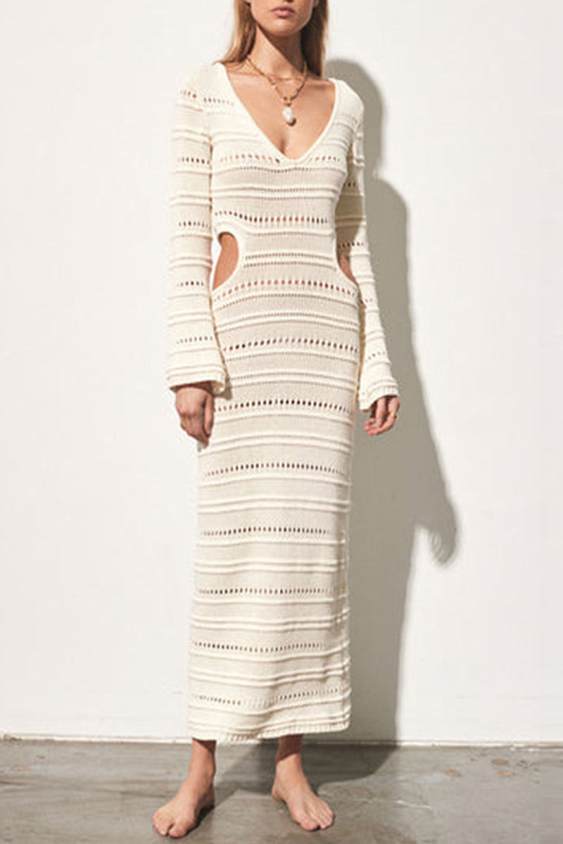 Kaynafashions - Sexy Solid Hollowed Out V Neck Long Sleeve Dresses