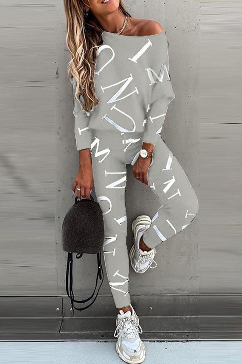 Kaynafashions - Fashion Casual Letter Oblique Collar Long Sleeve Two Pieces