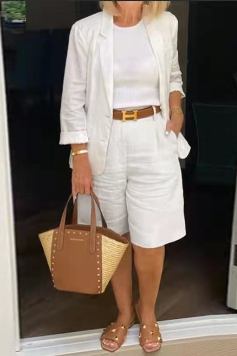 Kaynafashions - Casual Simplicity Solid Color Turn-back Collar Nine Points Sleeve Two Pieces(4 Colors)