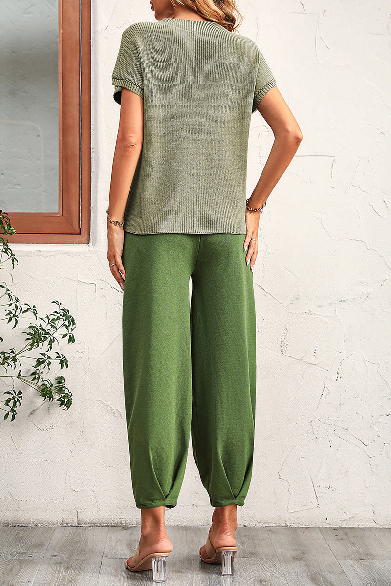 Kaynafashions - Casual Solid Without Belt O Neck Short Sleeve Two Pieces(4 Colors)